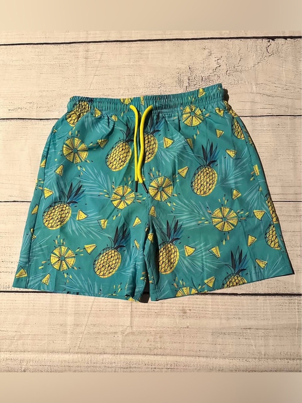 Kids Teal Pineapple Swim Trunks with Yellow Drawstring